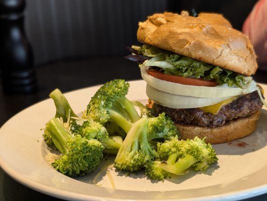 Half pound cheeseburger (subbed out fries for broccoli). My attempt at healthy eating, lol!