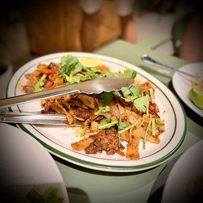 Beef Fajita Chow Fun: bean sprouts, lime, onion