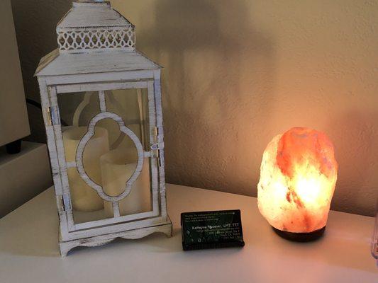 A salt lamp to clear the space and aide in relaxing for a massage