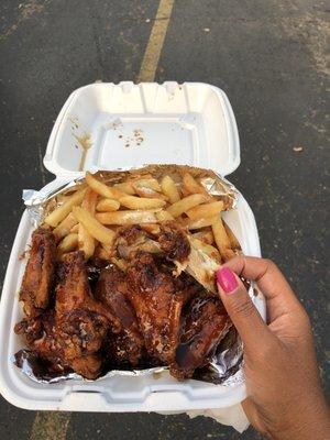 10 teriyaki party wings and fries (sorry, started eating before the pic!)