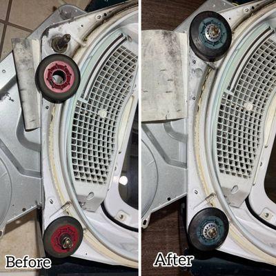 "Before & after dryer repair -- worn rollers replaced for smoother, quieter operation and better drum balance."