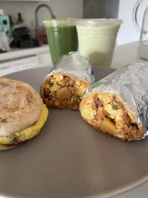 English muffin with egg and turkey sausage, and chorizo breakfast burrito (get this!). Green Goddess and avocado smoothie in the back.