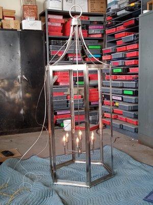 Nickel plated lantern with candelabra. Made for overseas client