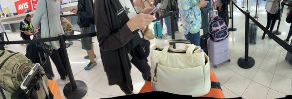 Insane line, Avis Budget Payless, efficient airport out with bags in less than 15 min... 35 min halfway through combined line.