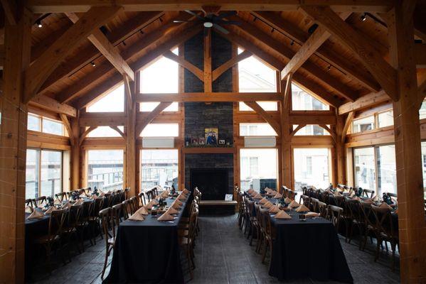 Timberframe set up for wedding reception.