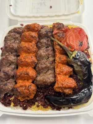 Lule and Chicken lule Kabob plate with barberry rice