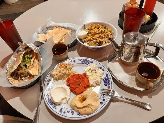 Gyro, 5 dip appetizer and chicken shawarma