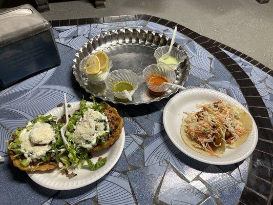 Carne Asada sopes and shrimp tacos