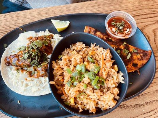 Caribbean Jerk and Birria Taco, and Mexinese rice