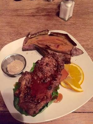 Pecan crusted chicken with baked sweet potato