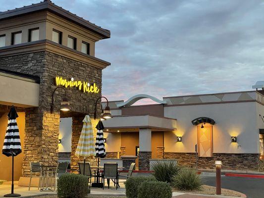 Outdoor seating with a view of the San Tan Mountains