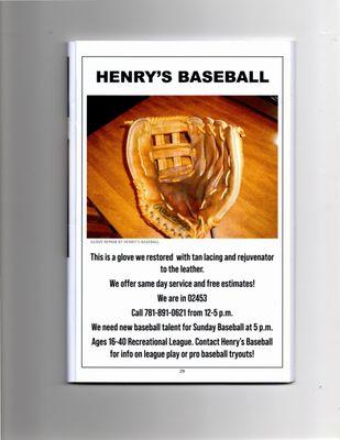 SAME DAY SERVICE SOFTBALL OR BASEBALL GLOVE REPAIR! ON MOODY ST WALTHAM,MASS. 02453 MAIL IN OR DROP OFF!!!!!!!!!!!