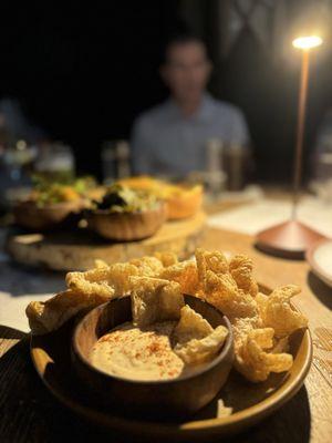Fried pork rinds, alabama white sauce