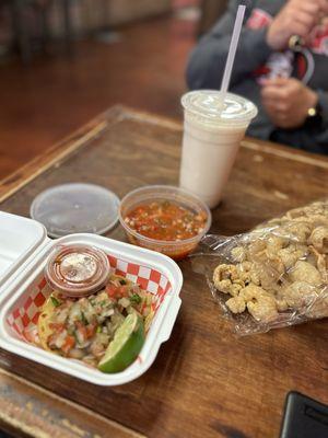 Carnitas Taco, horchata and chicharones with fresh salsa!!! So tasty!!!