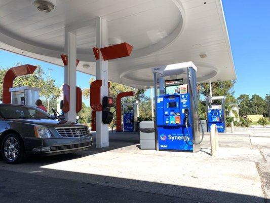 The fuel island on the north side of the store.