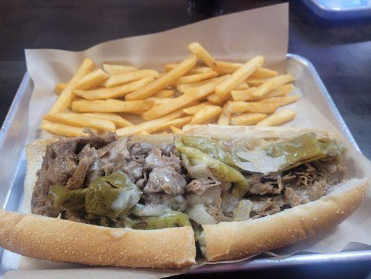 Cheesesteak onions cooper sharp, long hots