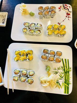 Mango Avocado Roll (bottom plate: top left) Alaska Roll (bottom plate: bottom left) Spicy Yellowtail Roll (bottom plate: top right)