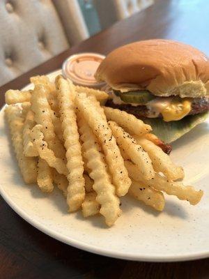 Single burger and crinkle fries.