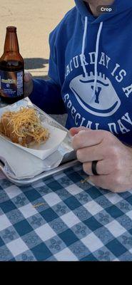 Street hot dog Venezuelan style with my Malta Polar.