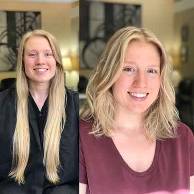 Grace: Hairstyle cut and color to reflect the change from college to the business world.