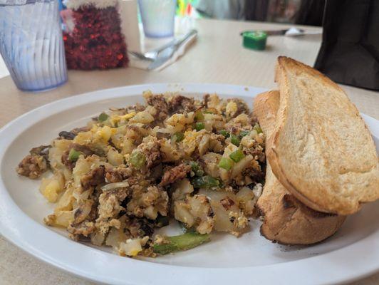 L-po Italian breakfast with white Italian bread, hot sausage, green peppers and scrambled eggs