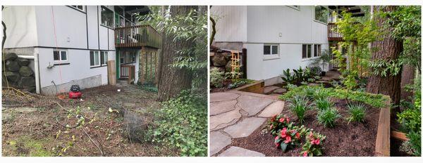 Bore & After: Terraces create usable level space in this woodland garden.