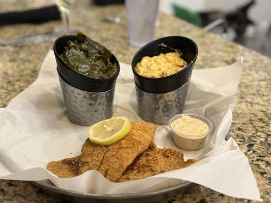 Catfish collard greens and mac & cheese