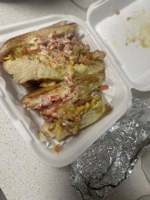 Mexican Hot Dogs (Got tossed around in the box), carne asada burrito.