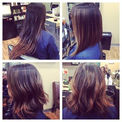 Before and after! Summer change from long hair to a long bob with a balyage lightened color.