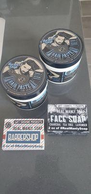 A couple hair creams and a couple sample bars of soap. Barbershop and Tea Tree Face Soap. A winning combo!