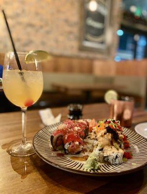 White Sangria, Moscow mule and the sushi rolls are the Red Dragon Roll + Volcano Roll