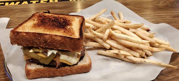 Jalapeno Wagyu beef burger and fries $15...not very large, but very tasty.