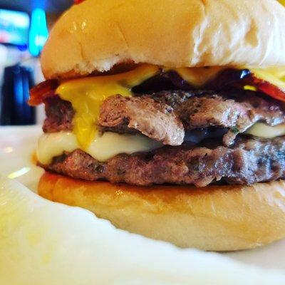 Great sandwich, brat patty & burger patty on a crispy bun