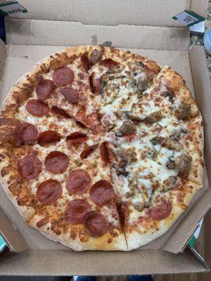 Half Pepperoni and half pepperoni sausage with extra cheese