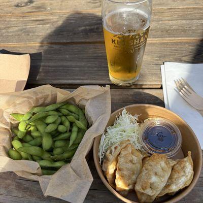 Fresh edamame and pot stickers. Oh, and a beer from Kulshan.