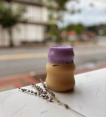 This is our Vietnam-Me latte w/ Ube cold foam. Condensed milk, double espresso, balanced with your milk preference, topped w/ Ube cold foam.