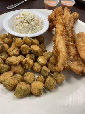 Fish and chips. I upgraded to fried okra. Others at our table had the seasoned fries and they were great also.