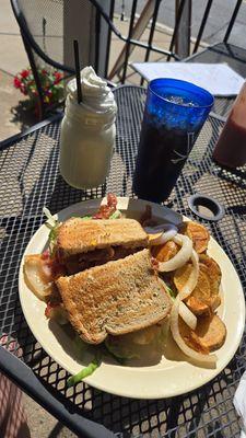 BLT with home fries and a vanilla shake