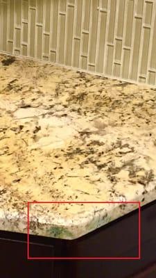 green from how the granite was cut and polished.  Green is NOT a color in this granite.