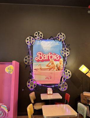 Barbie movie decor, they also had an awesome Barbie box to the left!