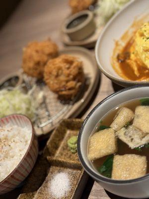 miso soup, cheese katsu balls