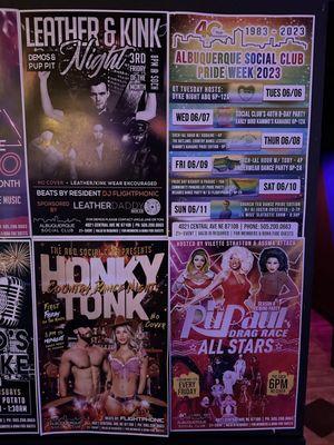Upcoming shows and event posters.