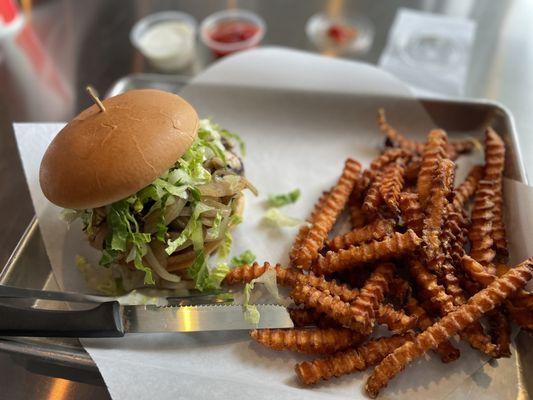 Mushroom burger and sweet potato fries