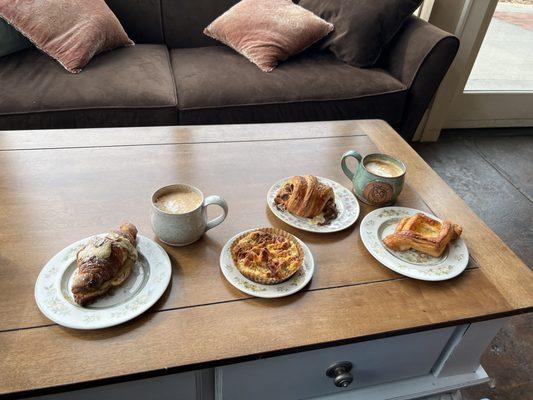 Almond croissant, bacon, Gruyere & sage strata, ham & cheese croissant, and cheese danish!