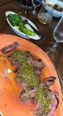 chimmichuri skirt steak with broccolini side