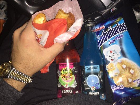 2 Jones Sodas, 2 Jalapeño Taquitos, 1 Buffalo Roller, and Bimbunuelos!