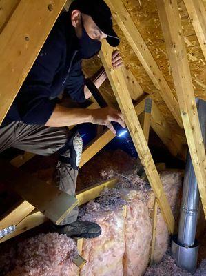 Home Inspector with Integrity Inspection Group inspecting attic.