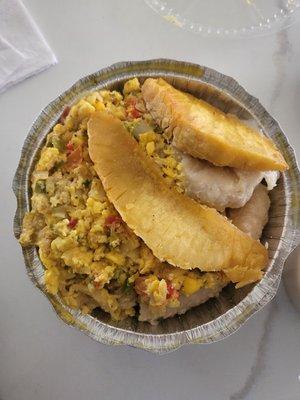 Ackee n Saltfish with breadfruit, green banana n dumpling
