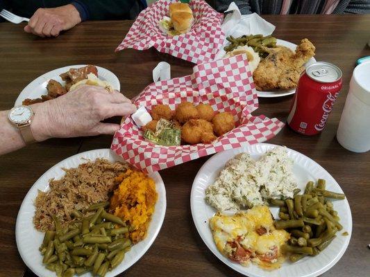 omg. Southern comfort food at best...the hush puppies are to die for! Check out our lunch!!!