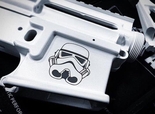 Armory Valentine - SBR, Cerakoted in Snow White with Storm Trooper helmet Laser Engraved.